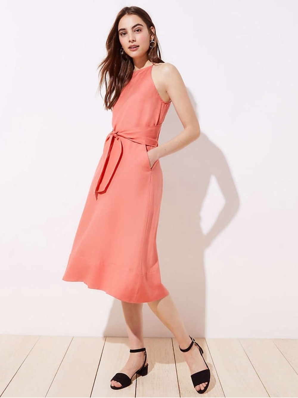 LOFT Linen Blend Tie-Waist Midi Dress